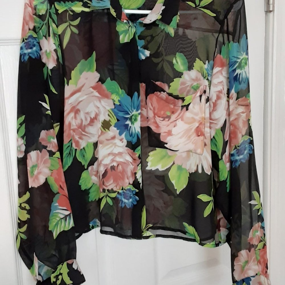 Black floral chiffon long sleeve blouse